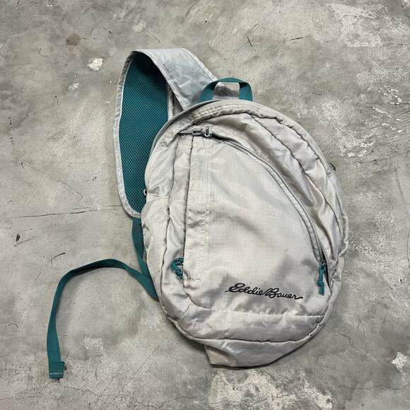 Eddie Bauer Nylon Shoulder Sling Pack Padded Crossbody Green Gray Stowaway 10L - Picture 1 of 7